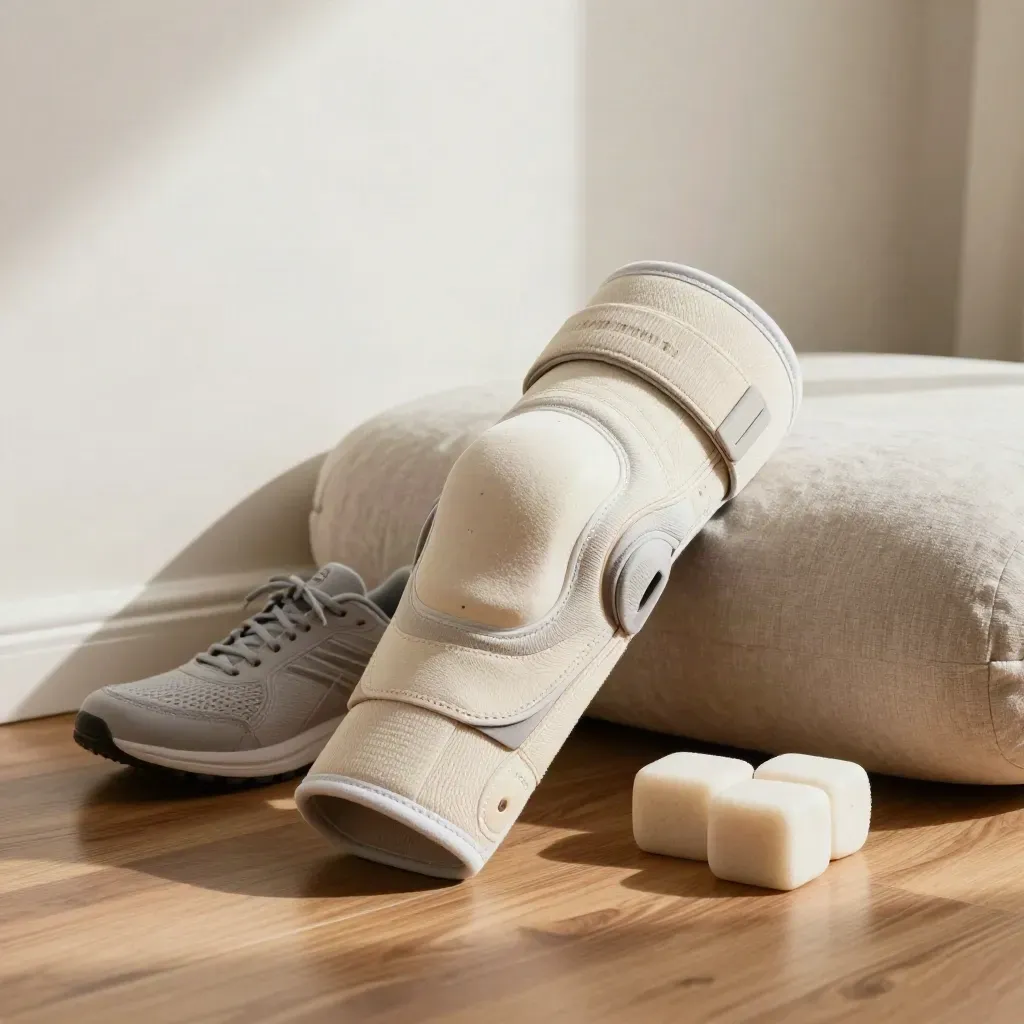 Supportive knee brace, wrap, foam pad, therapy blocks, and walking shoe in a bright clinic recovery corner