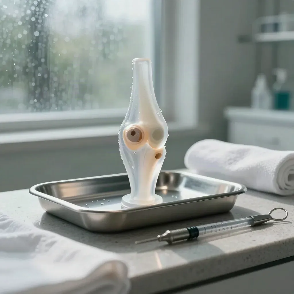 Regenerative medicine suite details with knee model, ampoules, tray and linens in moody light.