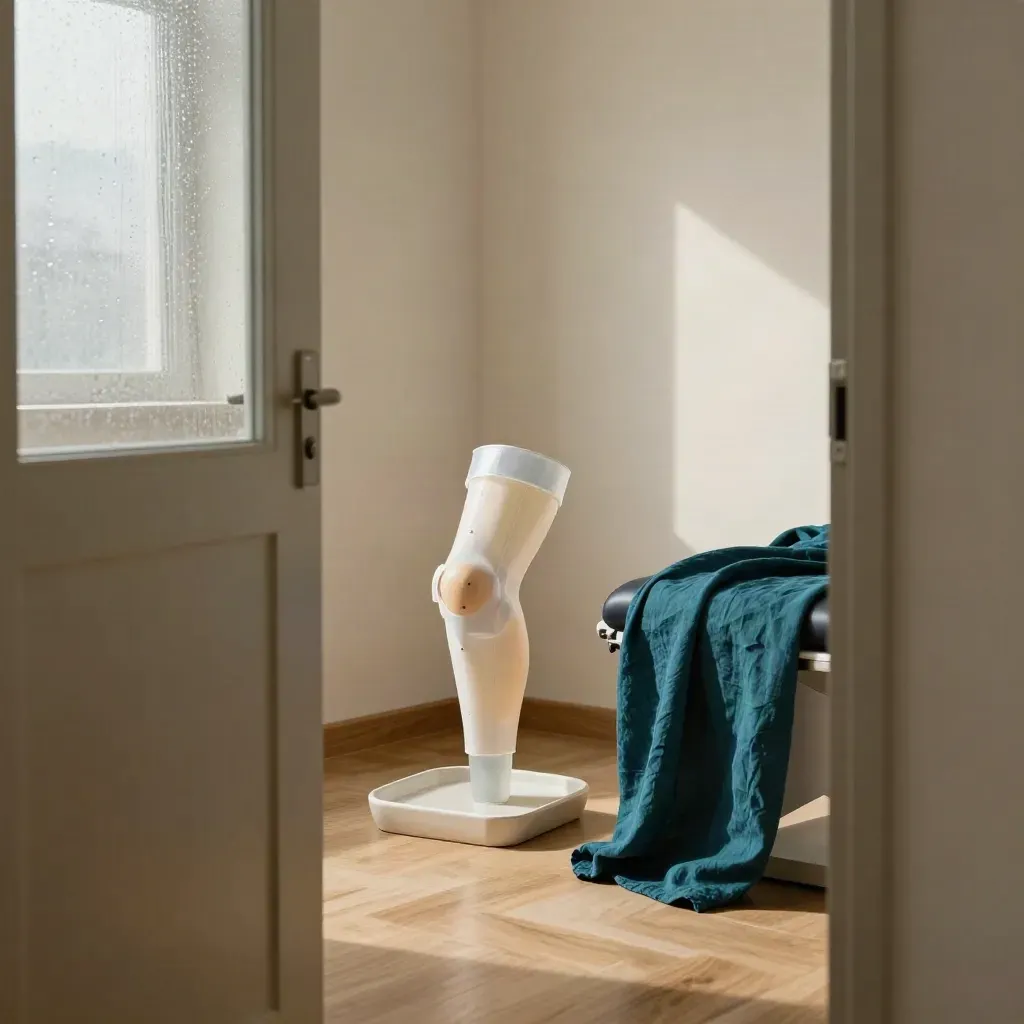 Translucent knee model and clinic props in a warm consult room with sunlit frosted glass.