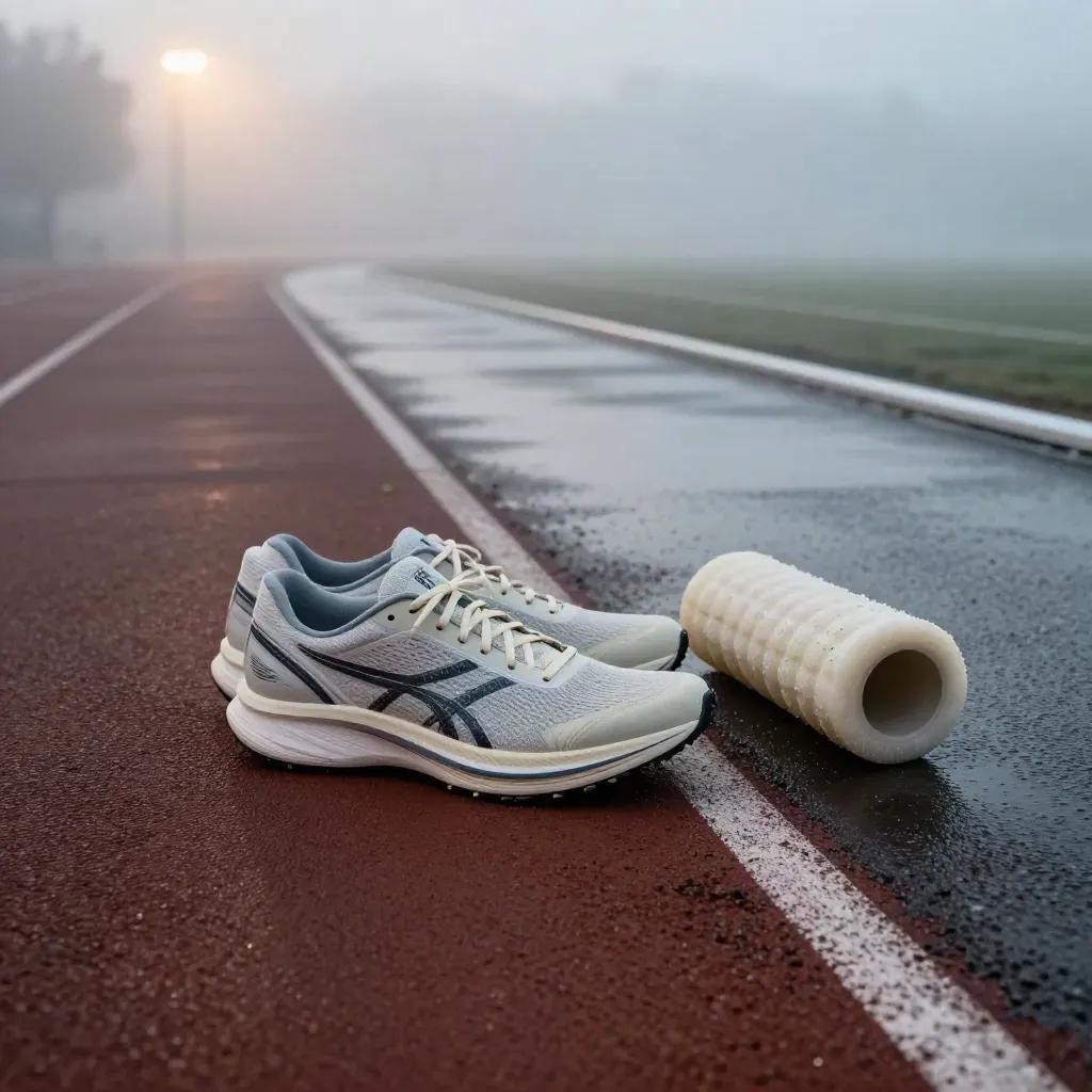 Carbon-plated running shoes, knee sleeve, foam roller and lane marker at a misty track edge.