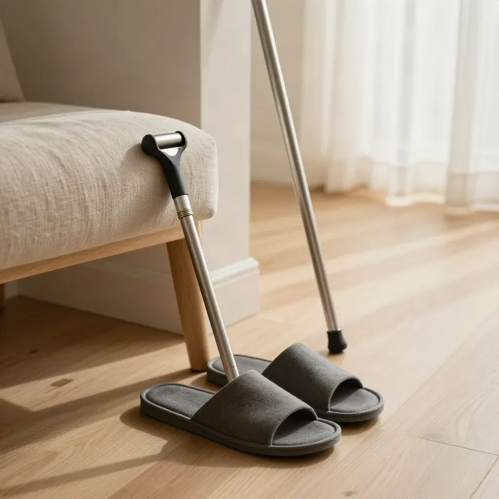 Lumbar cushion, jar opener, slippers and cane by a sunlit hallway chair.