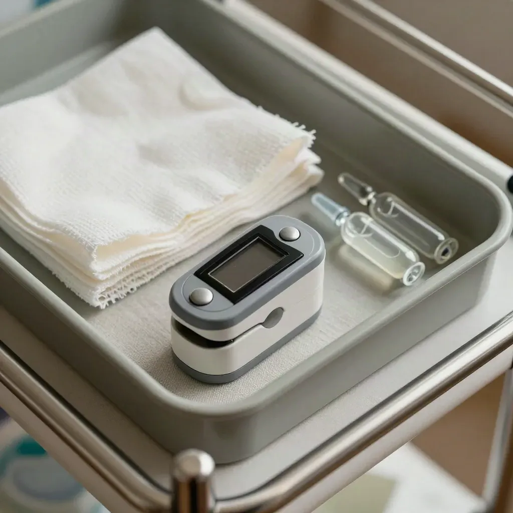 Macro of nursing tray items: pulse oximeter clip, gauze, saline ampoules and organizer tray.