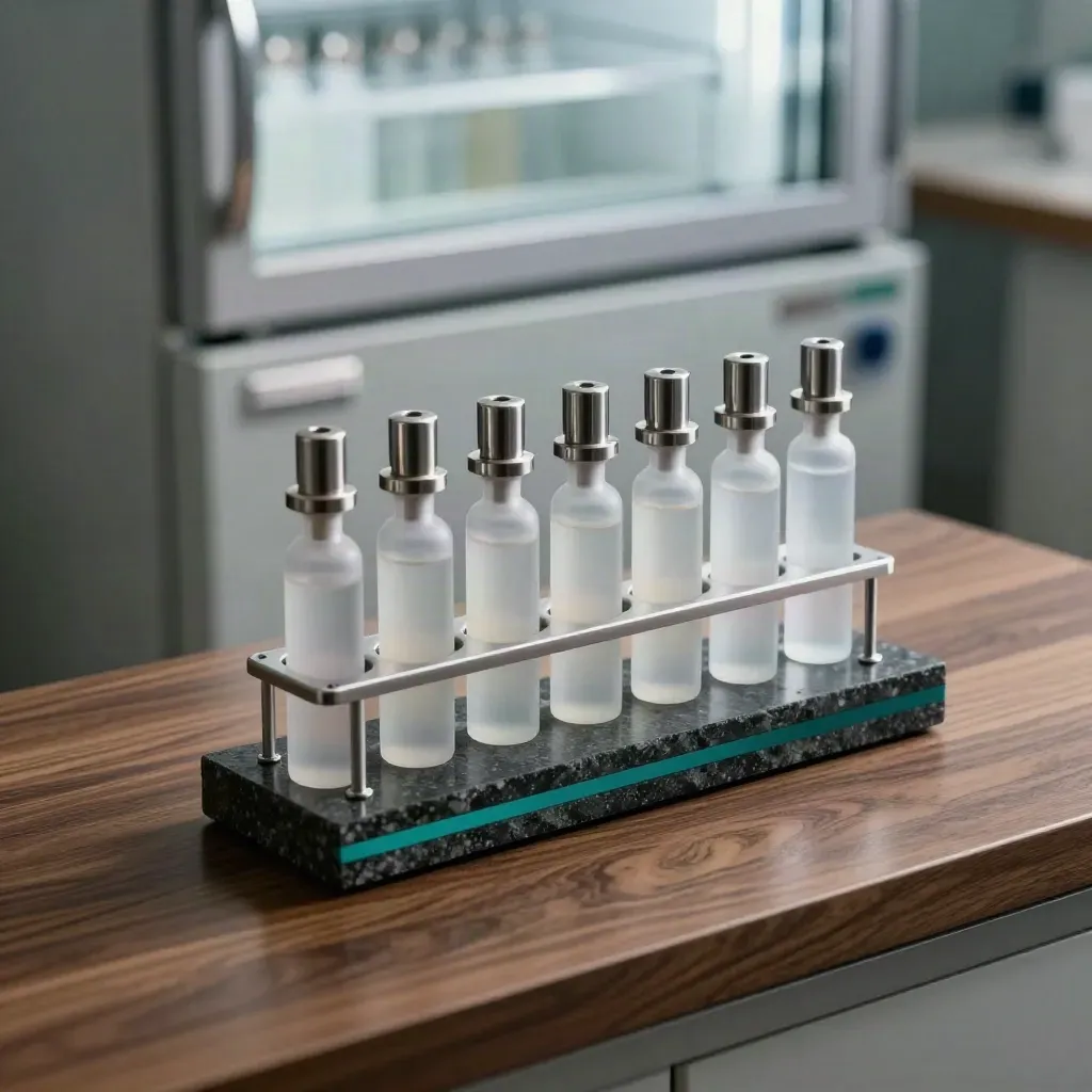 Cryogenic vial rack, injector caps, and stone block on a clinical prep surface under dramatic studio light.