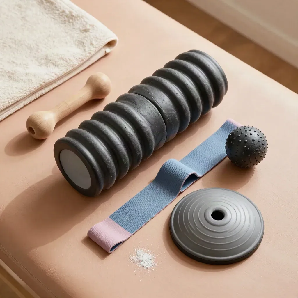 Therapy bands, foam roller, massage ball, and balance disc on a terracotta rehab surface.