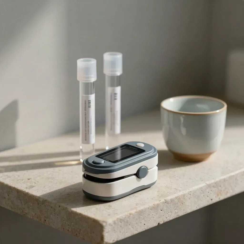 Pulse oximeter clip, two sample tubes, and ceramic cup on a stone shelf in soft clinical light.