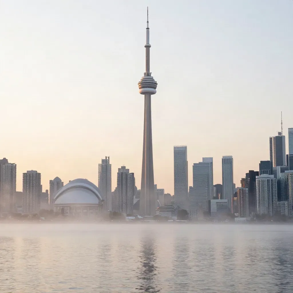 Toronto skyline at sunrise with the CN Tower above a foggy lakefront
