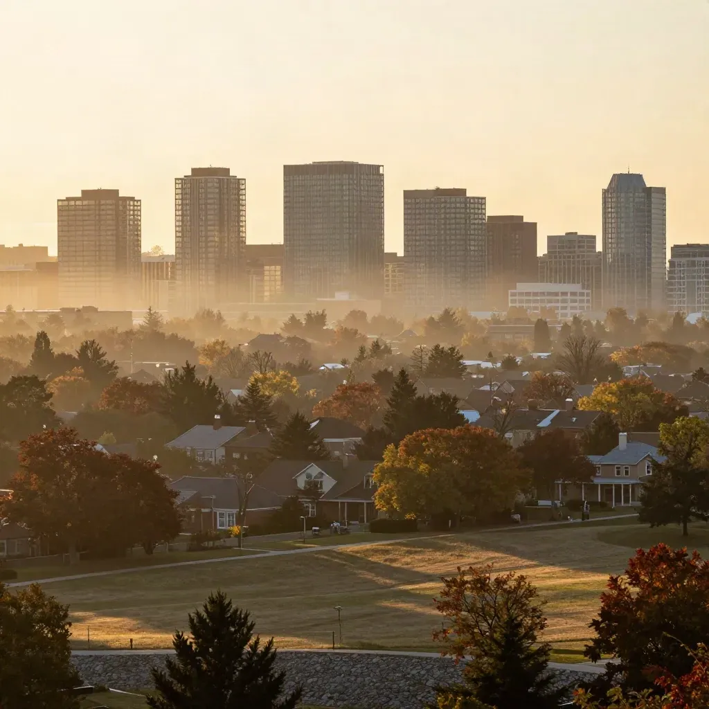 Misty York Region skyline above green canopy at golden hour