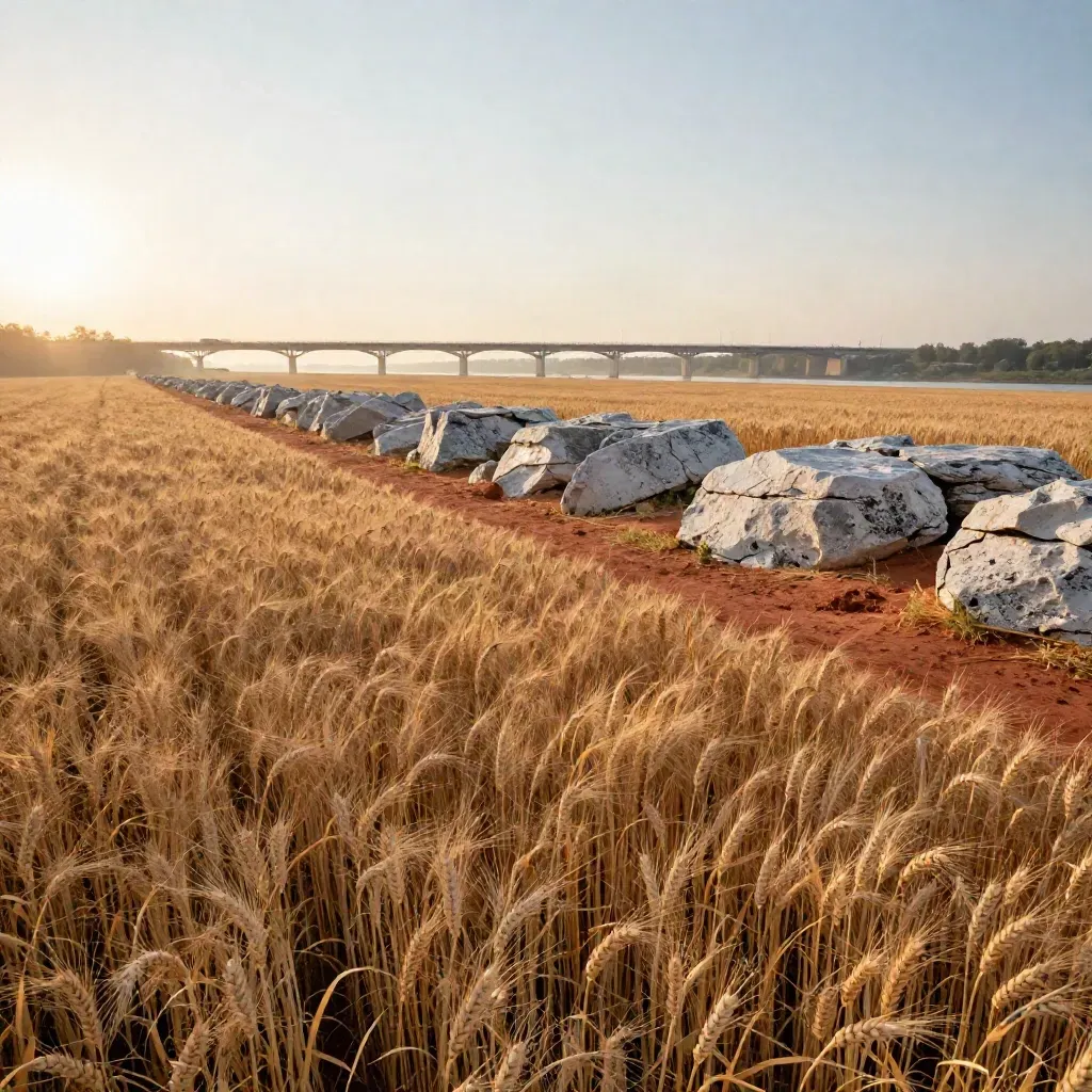 Hazy Southwestern Ontario field with wheat, limestone and a distant bridge at sunset.