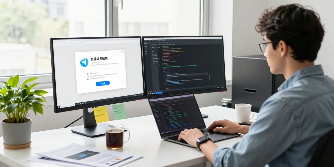 Developer setting up Telegram Chinese interface in a modern workspace